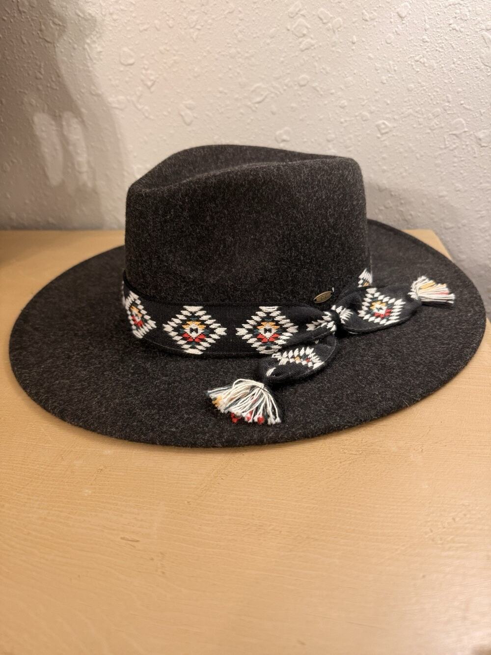 Charming Charlie Aztec Trim Band Vegan Felt Panama Black Hat Women’s